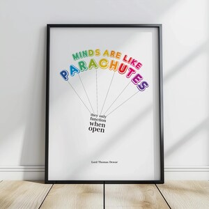 Può includere: Un poster di citazioni motivazionali con la parola "PARACHUTES" arcobaleno in un font di stile palloncino. La citazione recita "Le menti sono come i paracadute, funzionano solo quando sono aperti." La citazione è attribuita a Lord Thomas Dewar.