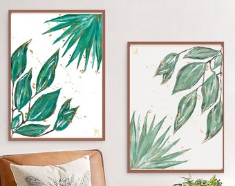 Botanical Green Leaf Plant Print of Original Painting With Gold (Wall Decor Art Physical Print)