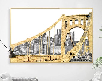 Pittsburgh Pennsylvania Skyline Gold Yellow Bridge Wall Art Graphic Print Wall Decor