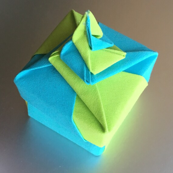 Fabric Origami Gift Box In Blue And Lime Green With Architectual Lid