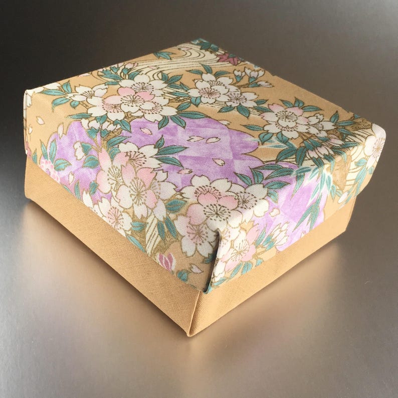 Fabric Origami Square Gift Box In Gold Lilac And Pink Sakura Motif Japanese Style Fabric