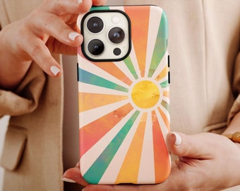 Funda para teléfono Boho Sun Rays, funda estética para teléfono con diseño de sol, ideal como regalo de cumpleaños para hombres y mujeres. Funda colorida y con diseño abstracto, perfecta para los amantes del sol.
