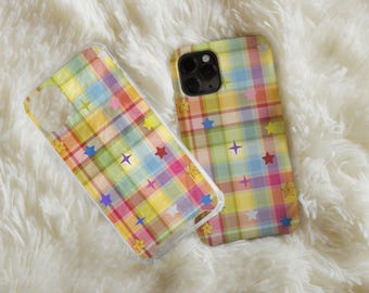 Colorful Checkered Phone Case, Aesthetic Pattern For Women Birthday Gift, Summer Phone Case, Checkered & Stars Pastel Pattern Case,
