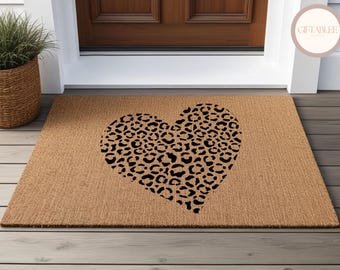 Leopard Heart Doormat, Animal Lover Print Welcome Outdoor Mat For Animal Lover Birthday, Leopard Print, Safari Doormat, Cute Welcome Mat