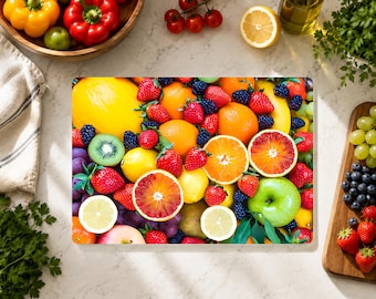 Mixed Fruit Print Cutting Board, Colorful Fruit Glass Cutting Board, Fresh Market Kitchen Decor, Fruit Lover Gift, Summer Kitchen Decor