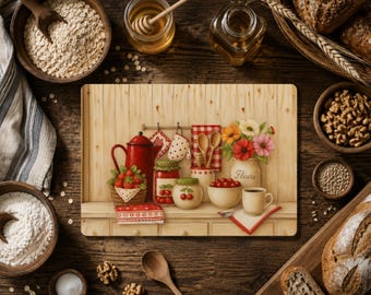 Vintage Cherry Cutting Board, Cottagecore Glass Cutting Board, Farmhouse Kitchen Decor, Country Kitchen Gift, Red Gingham Country Kitchen