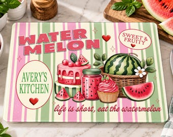 Watermelon Print Cutting Board, Personalized Retro Watermelon Glass Cutting Board, Retro Fruit Kitchen Decor, Cottagecore Housewarming Gift