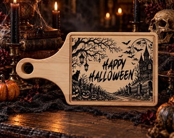 Spooky House Cutting Board, Haunted House Engraved Wood Board, Happy Halloween Kitchen Decor, Gothic Serving Board, Halloween Gift
