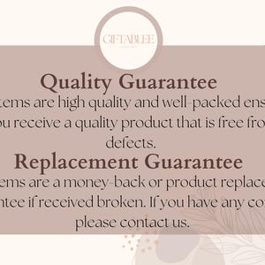 text that provides a quality guarantee and a replacement guarantee for the items. The text states that the items are high quality and well-packed, and that if any defects are found, the seller will replace the item without any charge. The text also mentions that the items are a money-back or product replacement guarantee, and that if the item is broken, the seller will replace it without any charge.