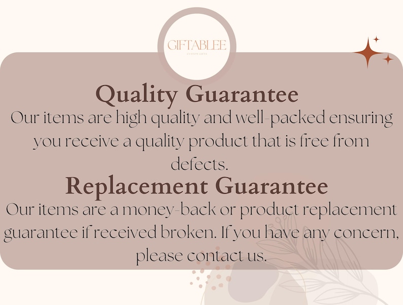 text that provides a quality guarantee and a replacement guarantee for the items. The text states that the items are high quality and well-packed, and that if any defects are found, the seller will replace the item without any charge. The text also mentions that the items are a money-back or product replacement guarantee, and that if the item is broken, the seller will replace it without any charge.