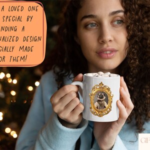 a woman holding a coffee mug with a picture on it