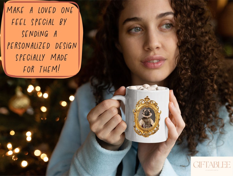 a woman holding a coffee mug with a picture on it