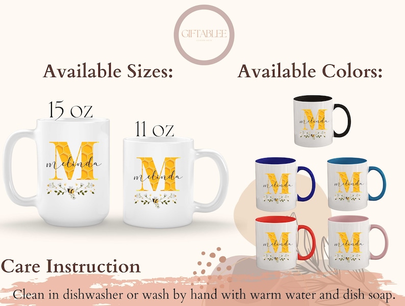 Caneca personalizada com tema de abelha, caneca de presente de abelha para mulheres, presente de aniversário, caneca personalizada com tema de abelha, abelha rainha, caneca floral, caneca com tema de abelha, caneca com nome inicial para ela imagem 4