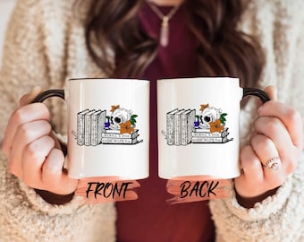 Spooky Book Mug, Book Lover Gift Halloween Coffee Mug For Bookish Halloween Season Gift, Spooky Season Mug, Floral Skull Mug For Book Lovers