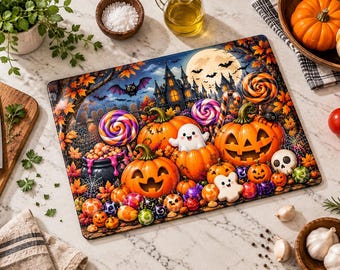 Spooky Pumpkin Cutting Board, Cute Halloween Glass Cutting Board, Halloween Candy Decor, Ghost Kitchen Decor, Halloween Pumpkin Kitchen Gift