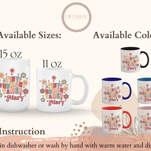 Op de afbeelding: Witte keramische mok met een kleurrijk ontwerp met de tekst "Tiny Human Tamer *Mary*" in een retro-lettertype. De mok is verkrijgbaar in twee maten: 11 oz en 15 oz. De mok is ook verkrijgbaar in verschillende kleuren, waaronder zwart, blauw, rood en roze.