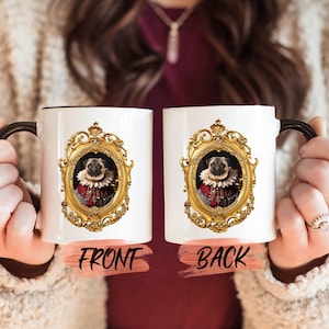 a woman holding two coffee mugs with the words front and back