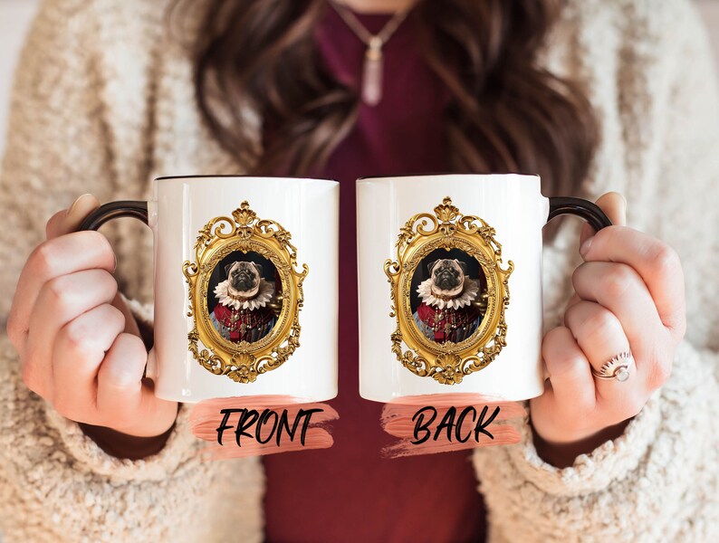 a woman holding two coffee mugs with the words front and back