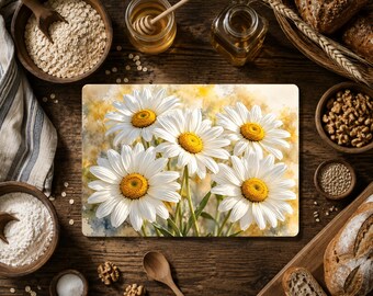 Daisy Flowers Cutting Board, White Daisy Glass Cutting Board, Watercolor Floral Kitchen Decor, Farmhouse Flower Gift Decor for Mom Grandma