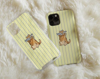 Cat And Fish Phone Case, Stripes Pattern For Cat Mom Birthday, Fish Phone Case, Summer Phone Case, Cat Lover Gift, Beach Phone Case