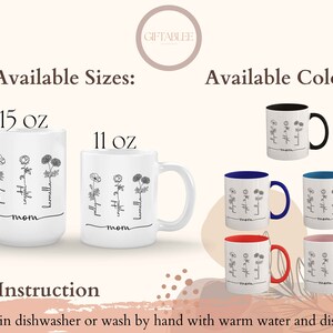May include: White ceramic mugs with floral designs and the word "mom". Available in 15 oz and 11 oz sizes, and various colors including black, blue, and red accents. The mugs feature botanical illustrations and are dishwasher safe.