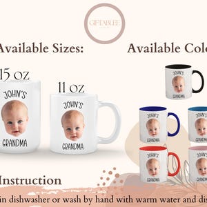 a collection of mugs featuring personalized names and baby faces, along with instructions for cleaning and care.