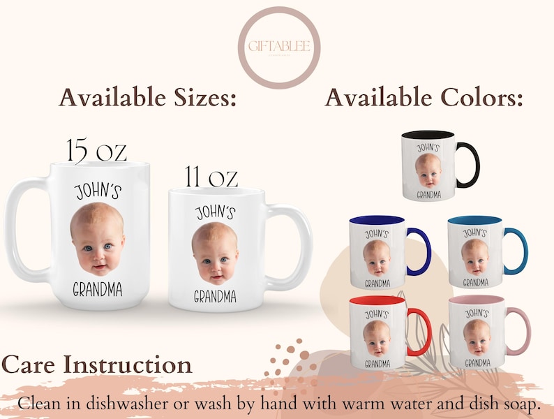 a collection of mugs featuring personalized names and baby faces, along with instructions for cleaning and care.