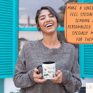 May include: A woman smiles while holding a white ceramic mug with a black handle. The mug has a design of various potted plants and the text "Plant Lady" on it. The text "MAKE A LOVED ONE FEEL SPECIAL BY SENDING A PERSONALIZED DESIGN SPECIALLY MADE FOR THEM!" is in a speech bubble above her head. The text "GIFTABLEE" is in the bottom right corner of the image.