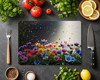 Wildflower Floral Cutting Board, Enchanted Wildflower Garden Glass Cutting Board, Colorful Meadow Garden Kitchen Decor, Flower Gift for Mom