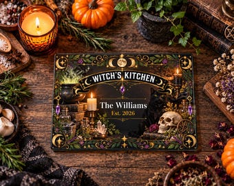 Witch Kitchen Cutting Board, Personalized Halloween Glass Cutting Board, Gothic Halloween Decor, Custom Family Name, Witchy Kitchen Decor