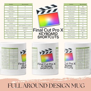 Op de afbeelding: Een witte keramische mok met een volledig ontwerp met een tabel met sneltoetsen voor Final Cut Pro X. De mok heeft een zwarte handgreep en een zwarte rand. Het ontwerp bevat een klapbordpictogram met een regenboogkleurige gradiënt.