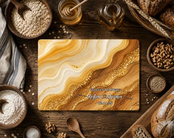 Golden Wood Art Cutting Board, Wedding Cutting Board, Custom Couples Glass Board, Gold Marble Wood Anniversary Gift, Wedding Date Keepsake