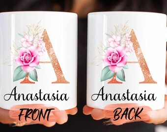 Taza con monograma floral inicial, taza con monograma de nombre personalizado para cumpleaños de mujer, taza con monograma, taza con flores, taza con monograma, tazas con letras personalizadas para ella