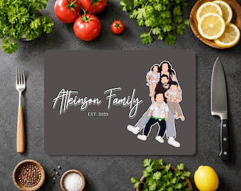 Personalized Portrait Cutting Board, Custom Family Photo Glass Cutting Board, Family Name Gift for Parents Grandparents, Housewarming Gift