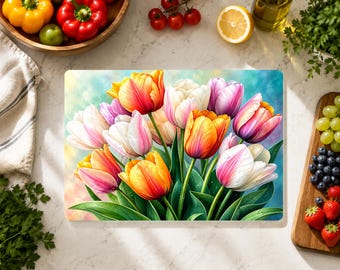Colorful Spring Tulip Bouquet Cutting Board, Floral Glass Cutting Board, Spring Kitchen Decor, Flower Garden Gift for MomGrandma Tulip Lover