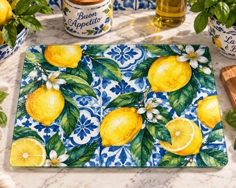 Mediterranean Lemon Tiles Cutting Board, Amalfi Lemon Garden Glass Cutting Board, Italian Citrus Kitchen Decor, Limoncello Garden Home Decor