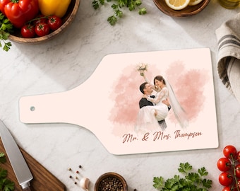 Photo Watercolor Print Cutting Board, Custom Watercolor Portrait Glass Cutting Board, Family Name Gift, Wedding Gift For Couples