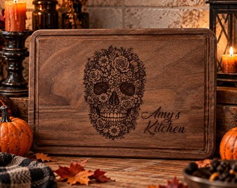 Floral Skull Cutting Board, Personalized Name Engraved Wood Board, Gothic Kitchen Decor, Skull Lover Gift, Halloween Decor