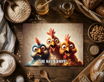Funny Chicken Cutting Board, She Has a Knife Glass Cutting Board, Farmhouse Kitchen Decor, Chicken Lover Chef Housewarming Gift