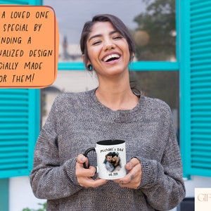 a woman holding a coffee mug with a message above it