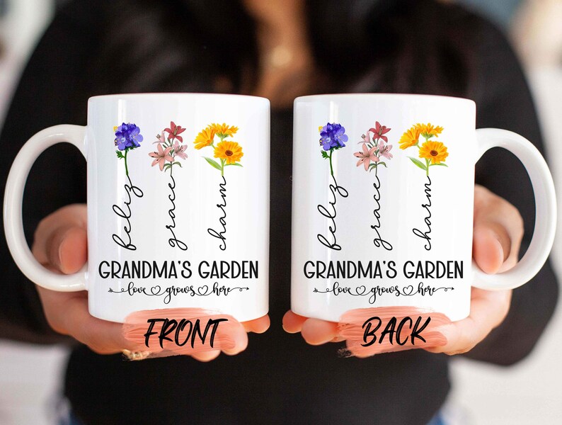 Födelseblomma-mugg Familjeträdgårdspresent, Familjeträdgårdsmugg till mormor Mors dag-present, Födelsemånadsblomma, Födelseblomma till mormor bild 2