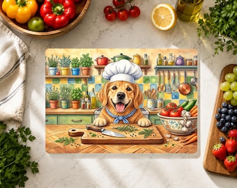 Golden Retriever Cutting Board, Dog Chef Glass Cutting Board, Funny Dog Kitchen Decor, Golden Retriever Lover Housewarming Gift, Pet Owner