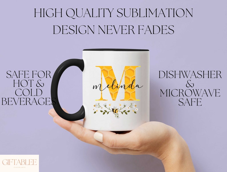 Caneca personalizada com tema de abelha, caneca de presente de abelha para mulheres, presente de aniversário, caneca personalizada com tema de abelha, abelha rainha, caneca floral, caneca com tema de abelha, caneca com nome inicial para ela imagem 3