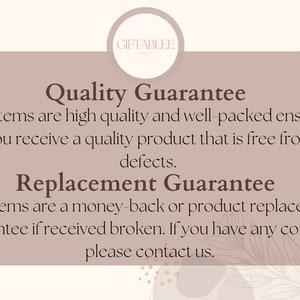 May include: A graphic with the text "Quality Guarantee" and "Replacement Guarantee" on a light brown background. The text explains the quality and replacement guarantees offered by the seller.