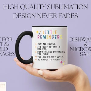 a person holding a coffee mug with the words, high quality sublimation design