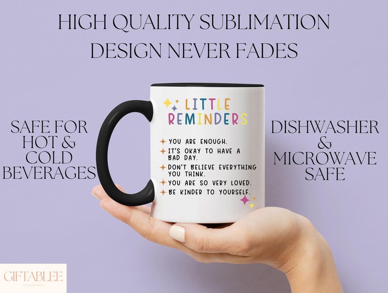 a person holding a coffee mug with the words, high quality sublimation design