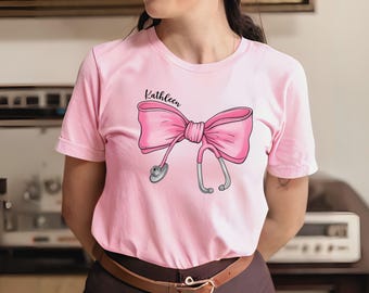 Stethoscope Bow Nurse Shirt, Nurse Gift Tshirt For National Nurse Week, Nurse Bow Shirt, Cute Nurse Tshirt, Custom Nurse Shirt For Her
