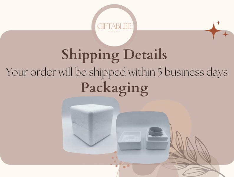 The image is a promotional graphic for a product, specifically a white cube-shaped object, with text providing shipping details and packaging information.