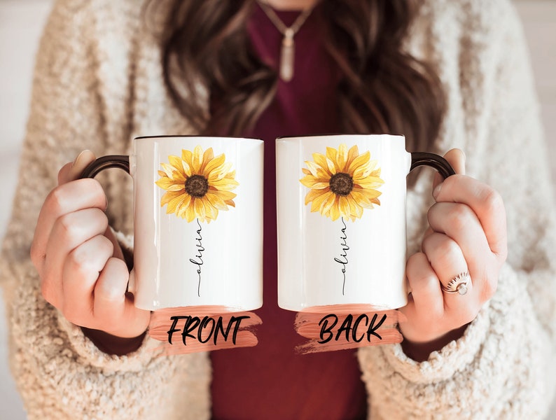 Caneca personalizada com girassol, caneca de girassol para presente de Natal para amantes de girassóis, caneca de girassol, caneca ensolarada, canecas de girassol para mulheres imagem 2