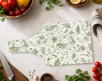 Vintage Rabbit Cutting Board, Botanical Bunny Glass Cutting Board, Cottagecore Farmhouse Kitchen Decor, Easter Housewarming Gift